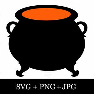 May include: A black cauldron graphic with two side handles and three curved legs, featuring a bright orange interior. The text SVG + PNG + JPG is displayed in white at the bottom of the image, with the faint watermark Puffy Pixel Co visible.