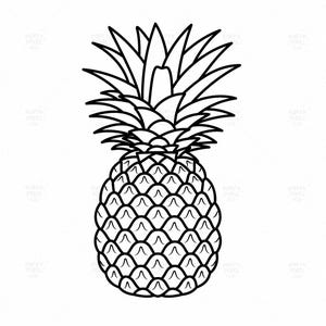 May include: A black and white line art illustration of a pineapple. The fruit features a textured, diamond-patterned body and a crown of sharp, pointed leaves at the top. The design is rendered with bold, clean outlines on a plain white background.