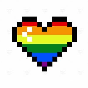 Può includere: Un'icona a forma di cuore in pixel art con strisce orizzontali rosse, arancioni, gialle, verdi, blu e viola. Il cuore è delineato in nero e presenta un riflesso quadrato bianco sul lato sinistro per un aspetto lucido e riflettente.