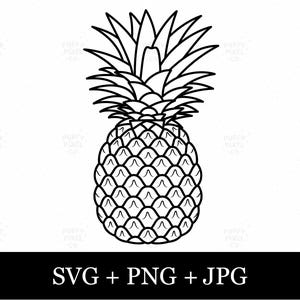 May include: A black and white line art illustration of a pineapple with a textured fruit body and pointed leaves at the top. Below the pineapple, a black horizontal bar contains the white text SVG + PNG + JPG, indicating file formats.