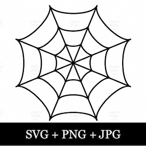 Op de afbeelding: Een zwart-witte grafische illustratie van een spinnenweb met een centraal punt, uitstralende lijnen en concentrische gebogen segmenten. Onder het web staat in een zwarte balk de witte tekst SVG + PNG + JPG.
