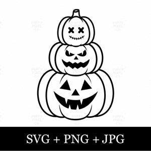 Puede incluir: Una ilustración digital en blanco y negro de tres calabazas apiladas. La calabaza superior tiene ojos en forma de X y una boca cosida. La del medio presenta ojos triangulares afilados y una sonrisa dentada. La inferior tiene una cara clásica.
