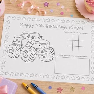 May include: A white rectangular coloring sheet featuring a black line drawing of a monster truck with eyelashes, the text Happy 4th Birthday, Maya!, a tic-tac-toe grid, a box for drawing a stunt ramp, and a border of outlined stars.