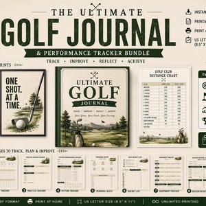 Op de afbeelding: Een digitale bundel met het Ultimate Golf Journal en prestatie-tracker, inclusief negen printbare pagina's, twee bonus wandprints en een afstandstabel voor golfclubs. Het ontwerp bevat donkergroene tekst en illustraties van golfbanen.