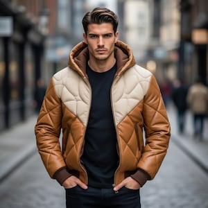 Leren pufferjack voor heren, beige en crèmekleurige gewatteerde leren jas, winterbomberjack met capuchon, leren jas met ruitvormig doorgestikt patroon, cadeau voor hem