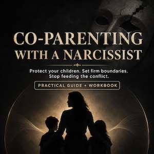 May include: A book cover titled CO-PARENTING WITH A NARCISSIST, featuring the subtitle Protect your children. Set firm boundaries. Stop feeding the conflict. and PRACTICAL GUIDE + WORKBOOK. The image shows a cracked mask and a silhouette of a parent.