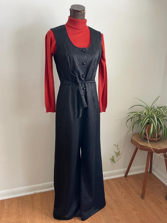 vintage 1970’s jacquard black sleeveless jumpsuit… - image 1