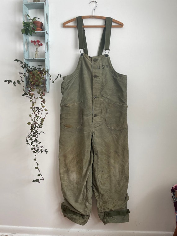 WWII 40s US NAVY DECK OVERALL 米軍実物 Vintage 40s WW2 USN US Navy Deck Bib Overalls Size L