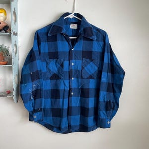 トップス 60's CHANDLER Print Flannel Shirt Vintage 60s Chandler Blue Black White Plaid Cotton Flannel