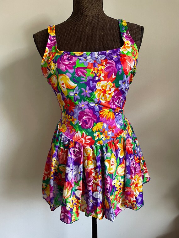 Vintage floral one piece skirted swimsuit Size 16… - image 2