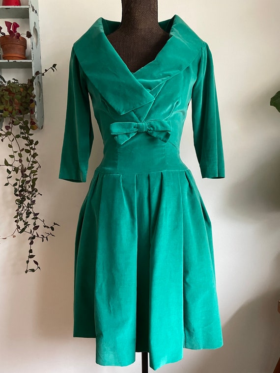 Vintage 1950s velvet teal turquoise cocktail dres… - image 2