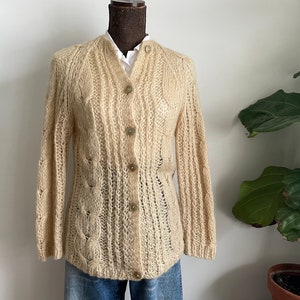 Vintage small cream mohair hand knit Italian cardigan sweater wool
