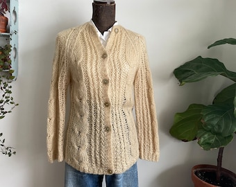 Vintage small cream mohair hand knit Italian cardigan sweater wool