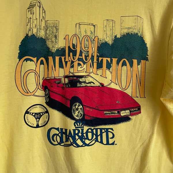 Vintage 1991 yellow screen stars best Corvette club convention T-shirt large