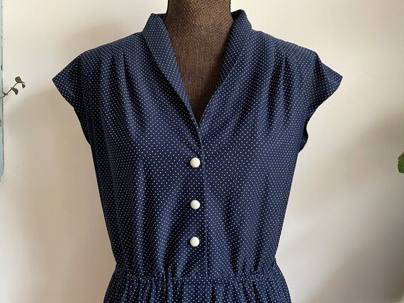 Vintage lightweight polyester navy blue polkadot … - image 3