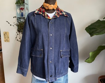 Vintage denim XL jacket with plaid collar and cuffs