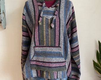 Vintage XL pink blue striped Baja hoodie pull over