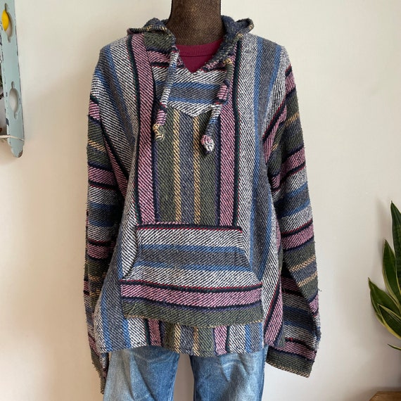 Vintage XL pink blue striped Baja hoodie pull over