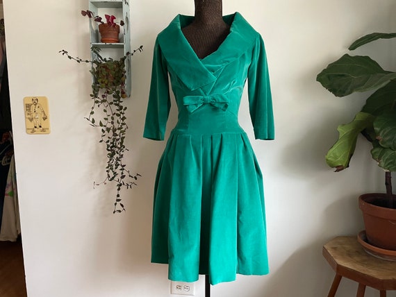 Vintage 1950s velvet teal turquoise cocktail dres… - image 1