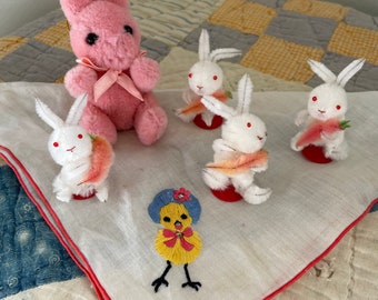 Vintage Easter lot bottle brush bunnies, pink Easter bunny and chick hanky