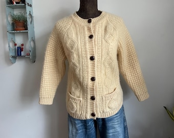 Vintage Fuzzy Cable Knit Cardigan 80s 90s Cream Acrylic Mohair
