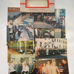 May include: A set of eight vintage postcards depicting scenes from a US Naval Training Center. The postcards feature black and white photos of recruits in various activities, including classroom instruction, physical training, and haircuts. The postcards are titled "Recruit First Day Activities" and "US Naval Training Center Great Lakes Illinois".