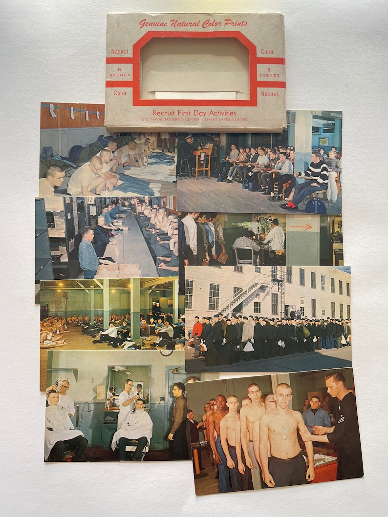 May include: A set of eight vintage postcards depicting scenes from a US Naval Training Center. The postcards feature black and white photos of recruits in various activities, including classroom instruction, physical training, and haircuts. The postcards are titled "Recruit First Day Activities" and "US Naval Training Center Great Lakes Illinois".