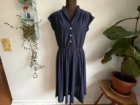 Vintage lightweight polyester navy blue polkadot … - image 1