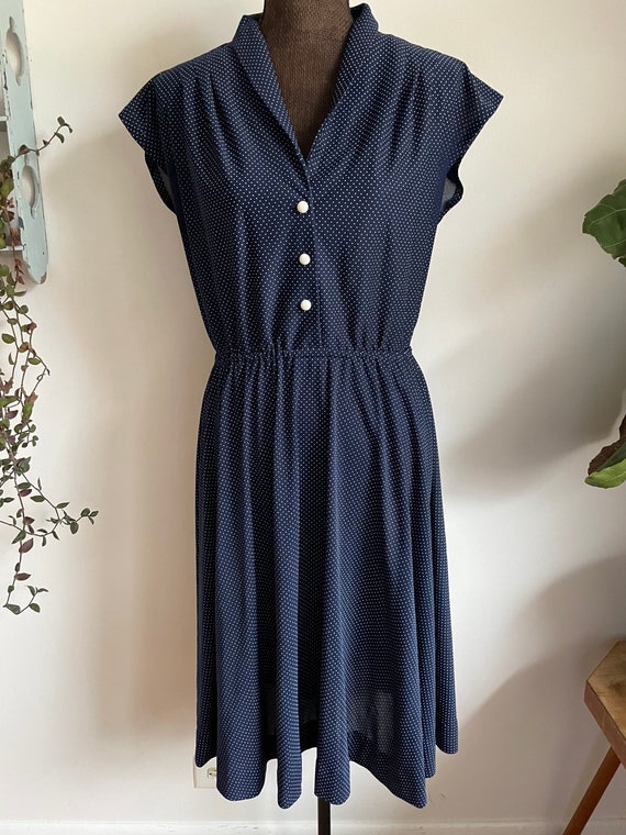 Vintage lightweight polyester navy blue polkadot … - image 2