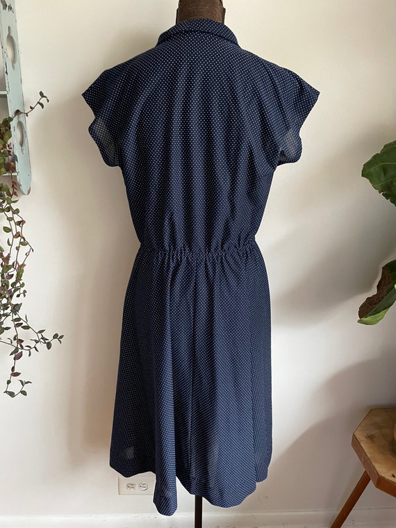 Vintage lightweight polyester navy blue polkadot … - image 5