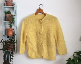 Vintage yellow boucle cardigan sweater size medium