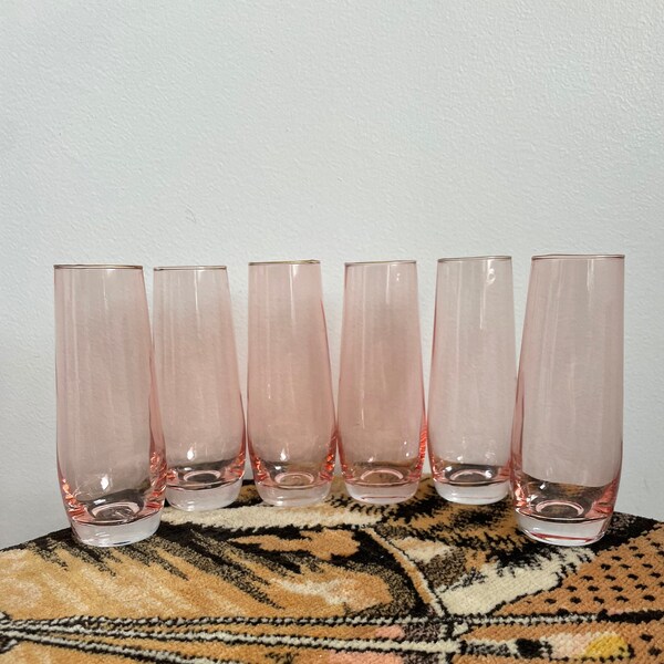 Vintage pink stemless champagne flute glasses, set of six