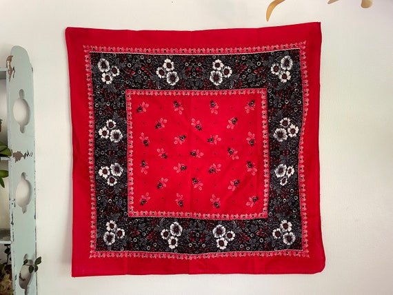 Vintage bandana black red floral - image 2