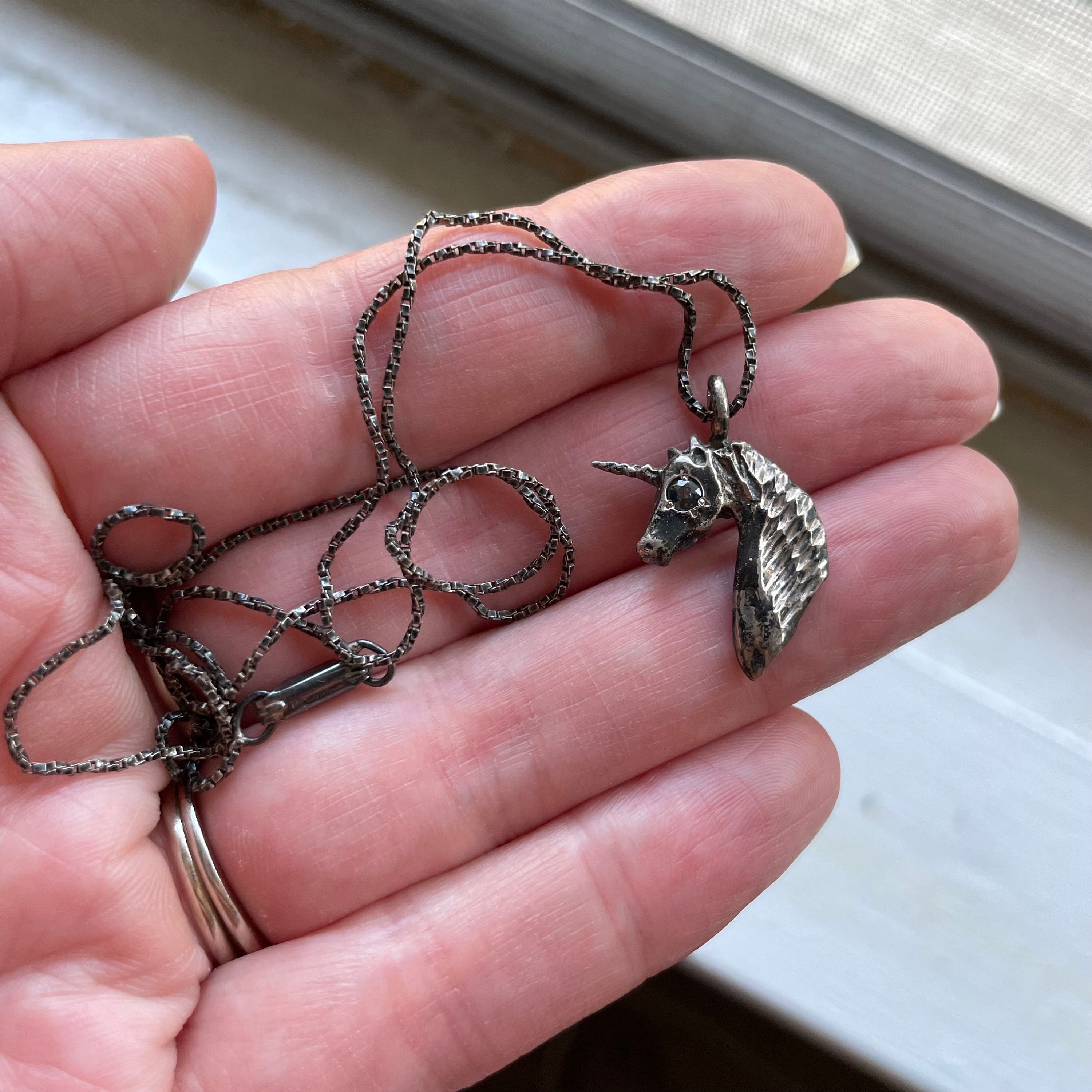 Vintage Sterling Silver Unicorn Pendant With Topaz Eyes and Vintage Sterling Silver Unicorn Pendant With Topaz Eyes and