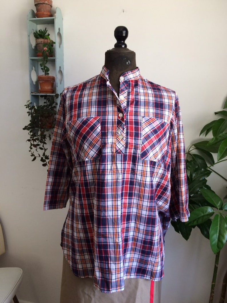 Vintage plaid maternity blouse button up pockets