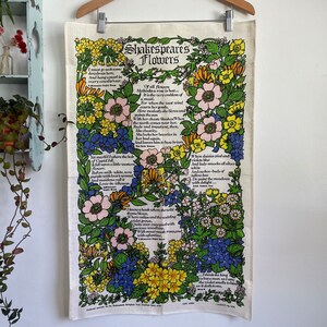 Vintage linen tea towel with Shakespeare flowers