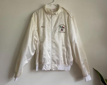 vintage 1980’s white satin jester bomber jacket XXL Mary
