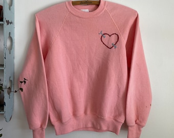 Vintage pink raglan sleeve sweatshirt with heart embroidery Youth large or Womans XS