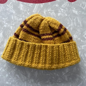 vintage knit mustard yellow and brown striped winter hat