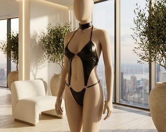 Damesminijurk van latex-look, diepe V-hals, clubkleding, opvallende outfit geïnspireerd op lingerie, verkleedfeestjurk