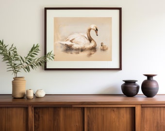 Mother Swan & Duckling - Modern Farmhouse Decor  - Wildlife Portrait - Original Vintage Classic Painting - Digital Print