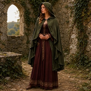 May include: A floor-length dark maroon dress with a decorative patterned hem and a fitted bodice, worn under a hooded olive green cloak that drapes over the shoulders and fastens at the neck with a dark clasp, creating a layered appearance.
