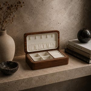 Pode incluir: Uma caixa de joias retangular de madeira com acabamento em veios castanhos escuros. O interior é forrado com tecido creme, apresentando uma secção superior com cinco ganchos, quatro compartimentos quadrados e uma fila para anéis.