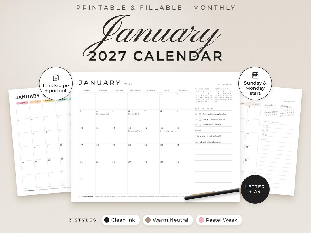 Kalender Januar 2027 zum Ausdrucken, ausfüllbarer Monatskalender PDF