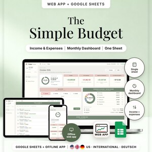 Può includere: Uno strumento digitale di monitoraggio del budget con laptop, tablet e smartphone che mostrano l'interfaccia The Simple Budget. Lo schermo visualizza entrate, uscite e un cruscotto mensile con icone per web app e fogli di calcolo.