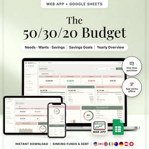 Può includere: Un tracker di budget digitale visualizzato su un computer portatile, un tablet e uno smartphone. L'interfaccia presenta il testo The 50/30/20 Budget, Needs, Wants, Savings, Savings Goals, Yearly Overview, Web App + Google Sheets, One-time purchase e App works offline.