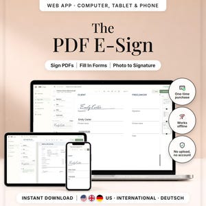 Może przedstawiać: Cyfrowy interfejs aplikacji internetowej The PDF E-Sign wyświetlany na laptopie, tablecie i telefonie. Ekran pokazuje dokument z polami podpisu. Okrągłe ikony wskazują jednorazowy zakup, pracę w trybie offline i brak konieczności konta.