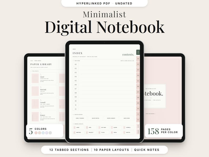 Noteboook Simple Design Minimalist Digital Notebook | Hyperlinked PDF With Sections and Note ...