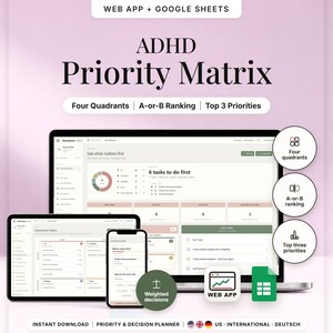 Può includere: Uno strumento digitale ADHD Priority Matrix visualizzato su laptop, tablet e smartphone. L'interfaccia presenta quattro quadranti, classificazione A-o-B e le 3 priorità principali. Testo: Web App + Google Sheets, Weighted decisions.