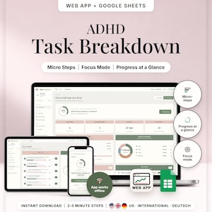 Könnte beinhalten: Ein digitales ADHD-Aufgaben-Tool auf Laptop, Tablet und Smartphone. Die Benutzeroberfläche zeigt Fortschrittsverfolgung, Mikroschritte und einen Fokusmodus. Text: "ADHD Task Breakdown", "Micro Steps", "Focus Mode" und "Progress at a Glance".